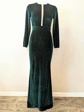 Dark Green Velvet Long-Sleeve Evening Dress Floor Length New